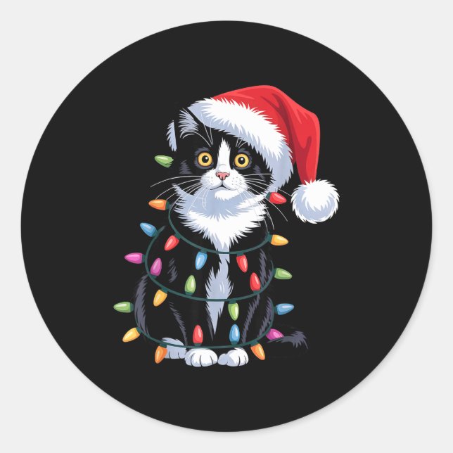 Adesivo Redondo Tuxedo Cat Meow Santa Tuxie Christmas Tree  (Frente)