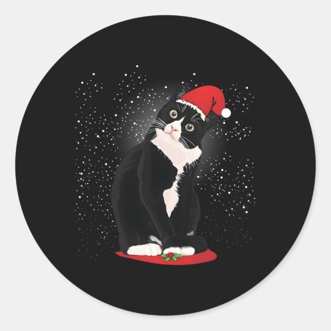 Adesivo Redondo Tuxedo Cat Santa Claus Snow Winter (Frente)