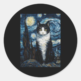Adesivo Redondo Tuxedo Cat Starry Night Moon E Stars