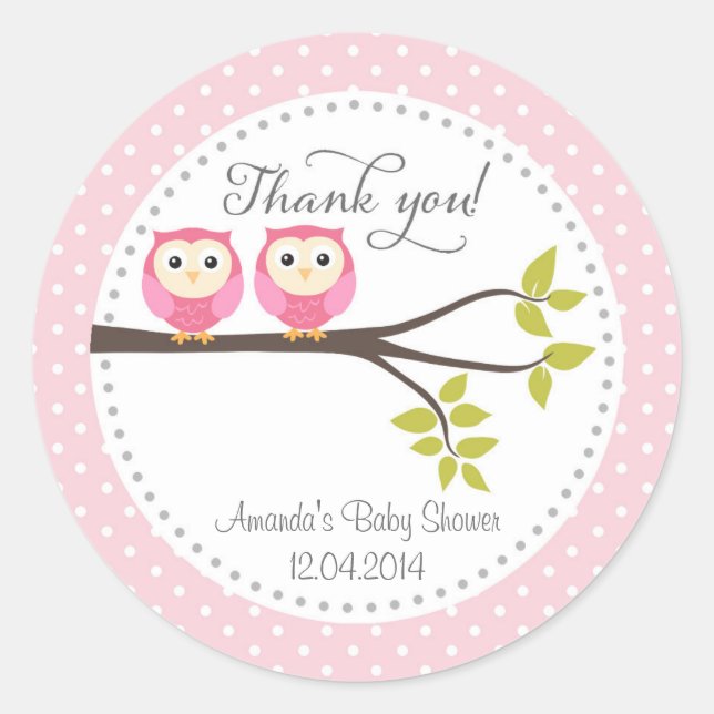 Adesivo Redondo Twin Baby Girls Owls Chá de fraldas Sticker (Frente)