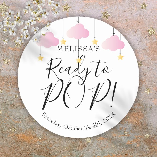 Adesivo Redondo Twinkle Pronta para POP Rosa Chá de fraldas (Twinkle Twinkle Ready to POP Pink Girl Baby Shower Classic Round Sticker)