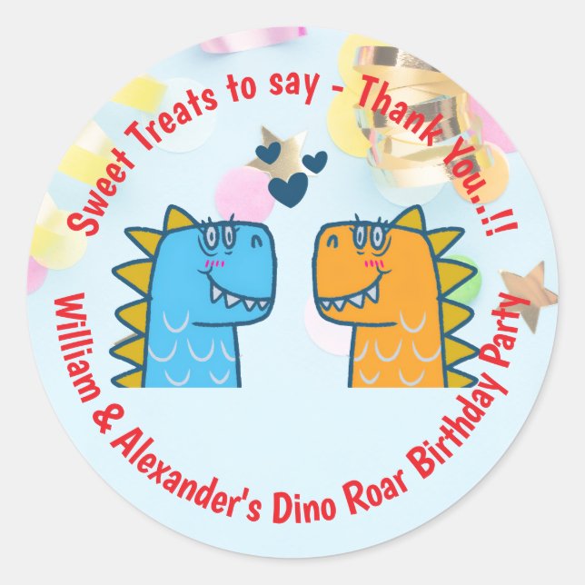Adesivo Redondo Twins Dino Roar Festa de aniversário (Frente)