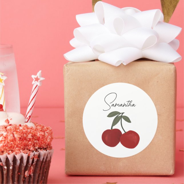 Adesivo Redondo Two Red Cherries Illustration | Cute Fruit Art  (Festa)