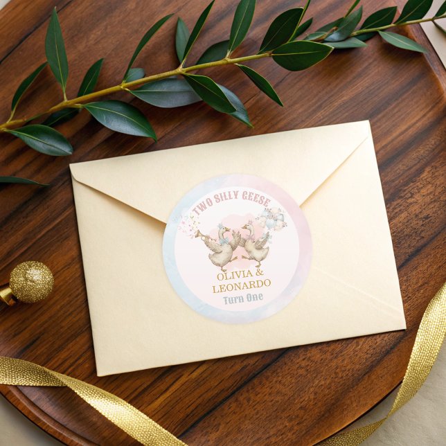 Adesivo Redondo Two Silly Geese Boy & Girl Twins Birthday (Criador carregado)