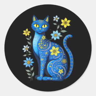Adesivo Redondo Ucrânia Cat Floral Vintage Bandeira Ucraniana Vysh