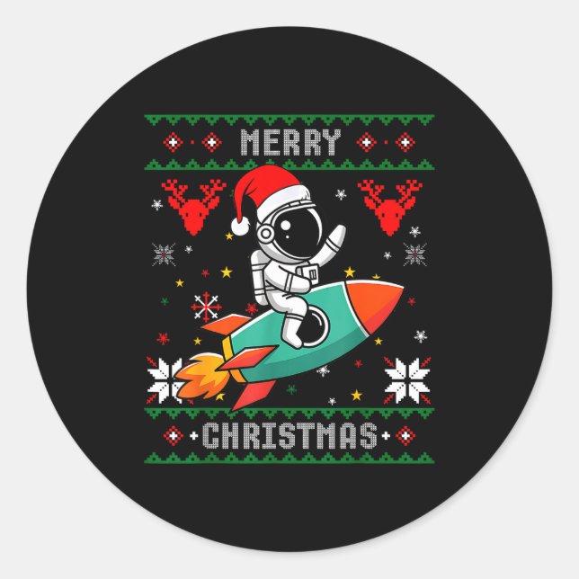 Adesivo Redondo Ugly Christmas Astronaut Riding Rocket Santa Hat T (Frente)