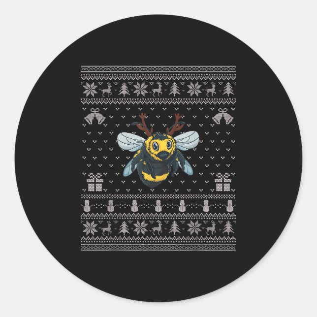 Adesivo Redondo Ugly Xmas Sweater Style Bumble Bee Reindeer Christ (Frente)