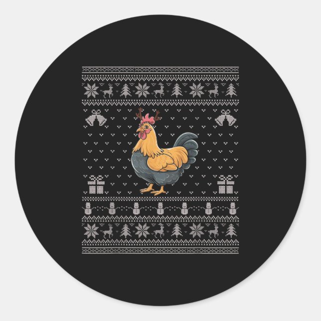 Adesivo Redondo Ugly Xmas Sweater Style Chicken Reindeer Christmas (Frente)