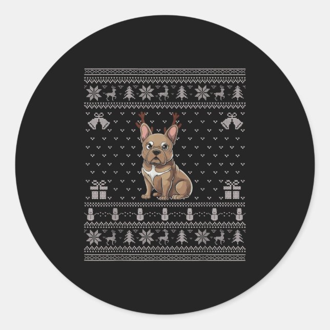 Adesivo Redondo Ugly Xmas Sweater Style Frenchie Dog Reindeer Chri (Frente)