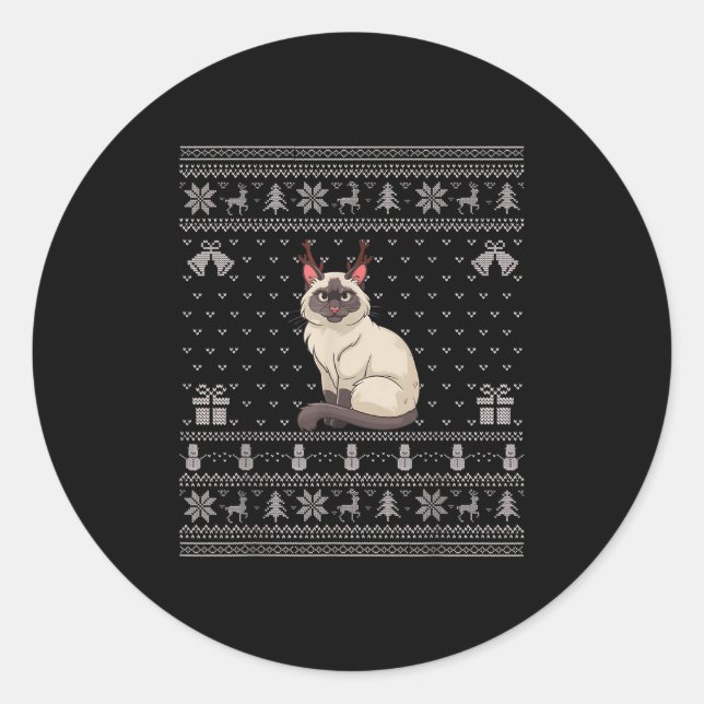Adesivo Redondo Ugly Xmas Sweater Style Siamese Cat Reindeer Chris (Frente)