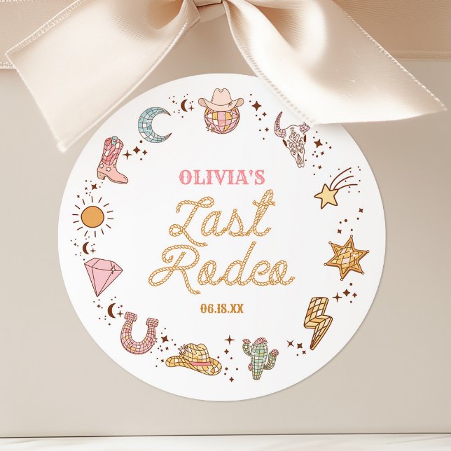 Adesivo Redondo Último Rodeio Disco Cowgirl Fim de Semana de Despe (Criador carregado)