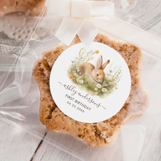 Adesivo Redondo Um aniversário de Bunny Floral Girl (Criador carregado)
