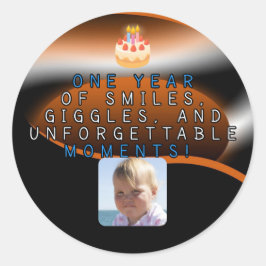 Adesivo Redondo Um ano de alegria: Vinheta Clássica de Aniversário