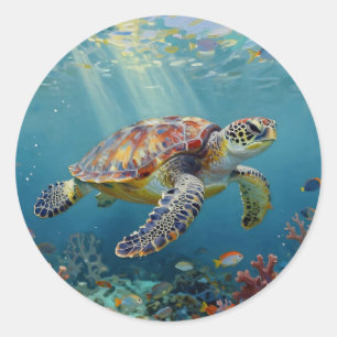 Adesivo Redondo Um Azul Turquesa Temático de Tartaruga Marinha