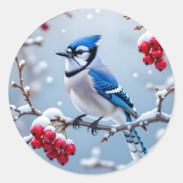 Adesivo Redondo Um belo azul-jay em um galho nevado de Natal
