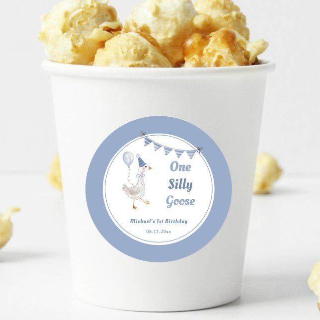 Adesivo Redondo Um Bobo ganso primeiro aniversario azul (Criador carregado)