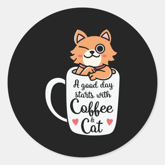 Adesivo Redondo Um bom dia começa com café e gato (Frente)