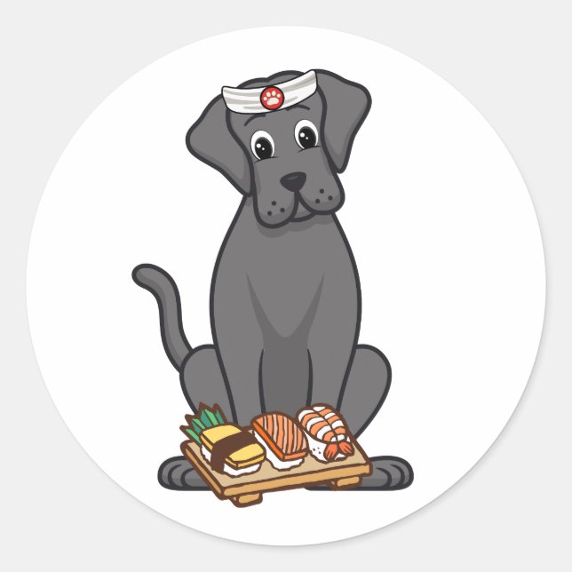 Adesivo Redondo Um cachorro grande e engraçado é um chef de sushi (Frente)