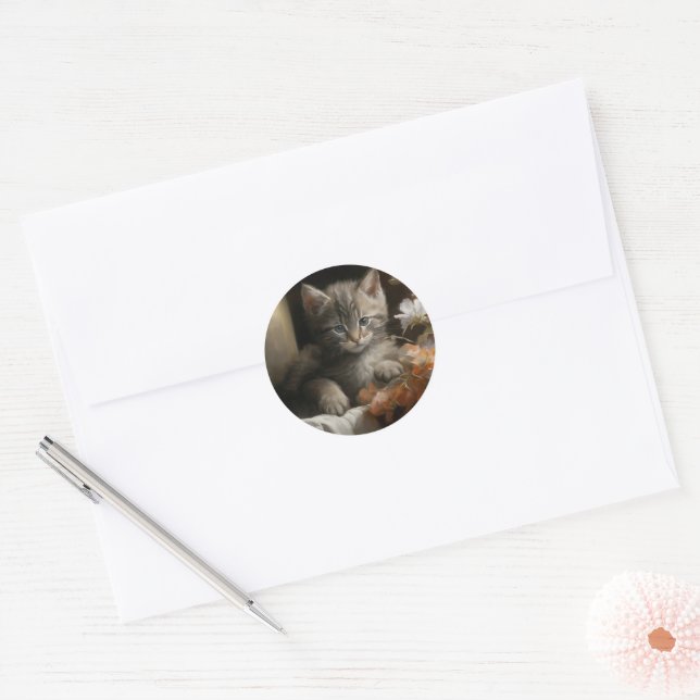 Adesivo Redondo Um Canto Cozy Tabby Kitten (Envelope)