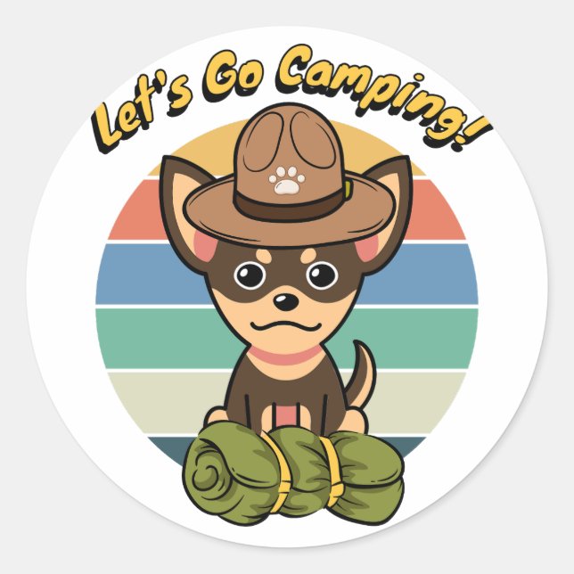 Adesivo Redondo Um cão engraçado quer ir acampar (Frente)