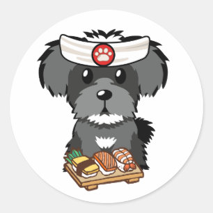 Adesivo Redondo Um cão esqunauzer engraçado é um chef de sushi