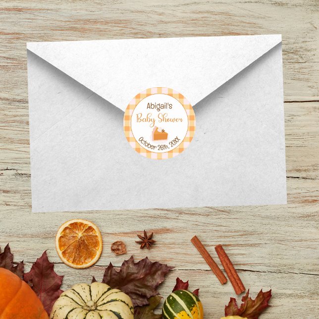 Adesivo Redondo Um Chá de fraldas de queda de Pie Gingham (Cutie Pie Gingham Fall Baby Shower Classic Round Sticker)