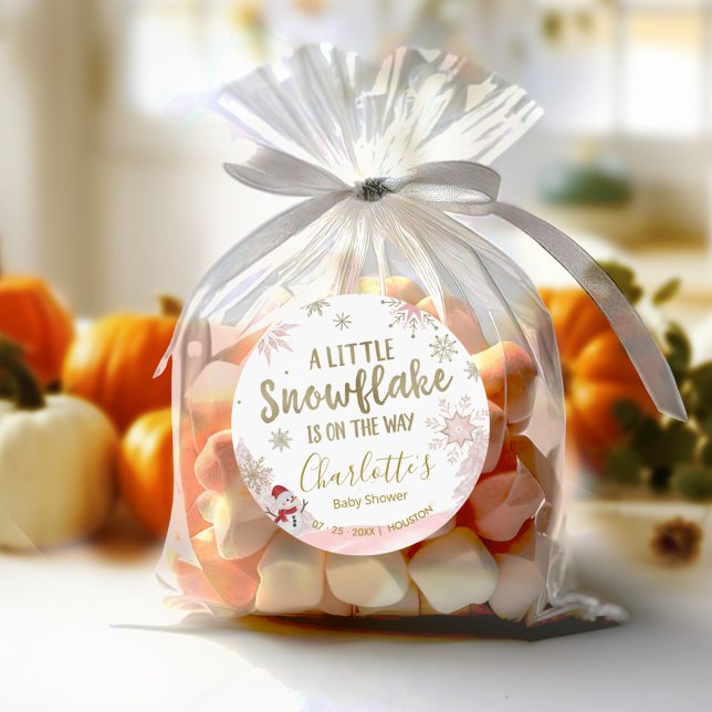 Adesivo Redondo Um Chá de fraldas rosa com floco de neve (Criador carregado)