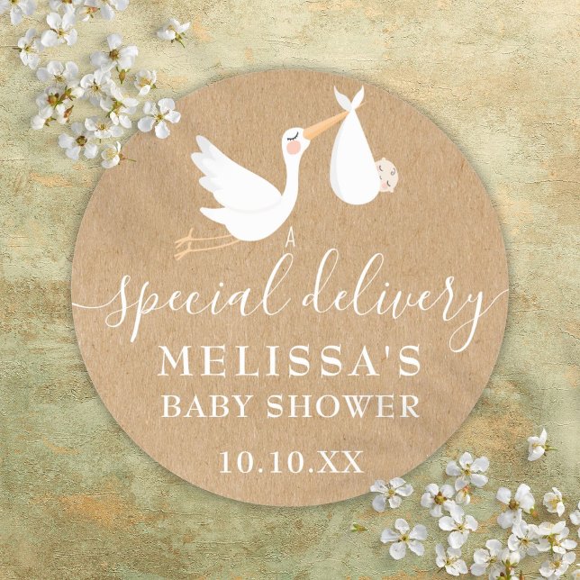 Adesivo Redondo Um Chá de fraldas/Sprinkle de Entrega Especial (A Special Delivery Stork Baby Shower/Sprinkle Classic Round Sticker)