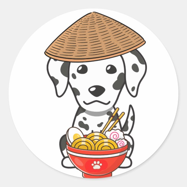 Adesivo Redondo Um dalmaciano engraçado está comendo macarrão (Frente)