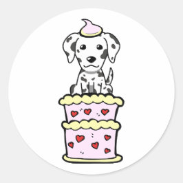 Adesivo Redondo Um dalmata engraçado saltando de um bolo