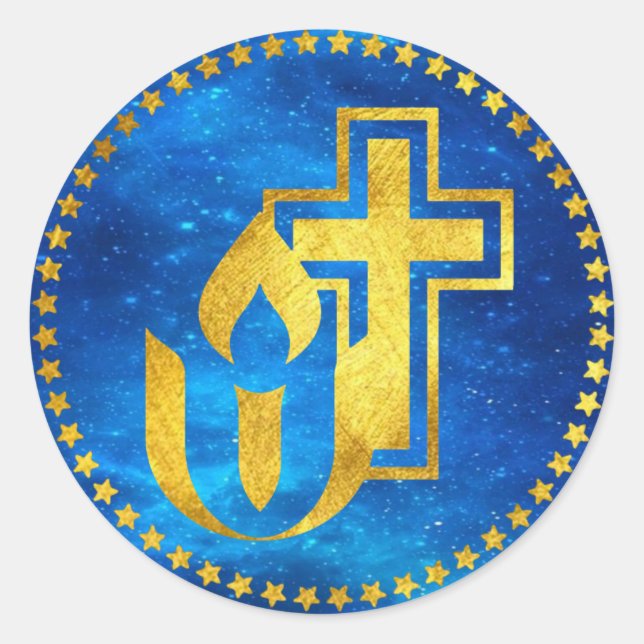 Adesivo Redondo Um desafio universal e uma cruz cristã (Frente)