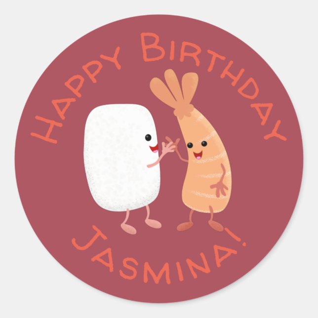 Adesivo Redondo Um desenho animado de amigos de camarão de arroz d (Frente)