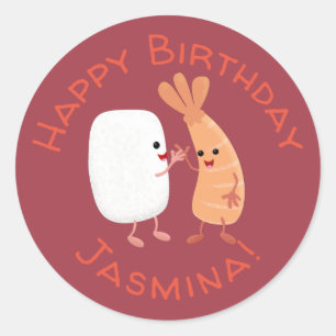 Adesivo Redondo Um desenho animado de amigos de camarão de sushi