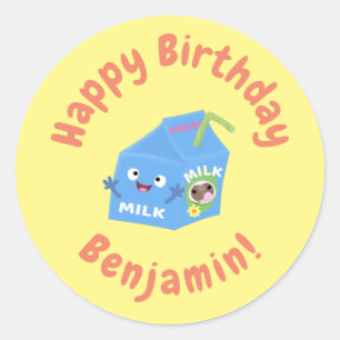 Adesivo Redondo Um desenho animado de cartonagem de leite feliz