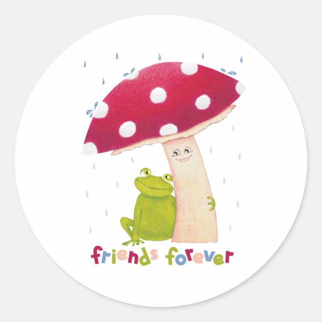 Adesivo Redondo Um desenho animado, sapo e cogumelo em chuva (Frente)