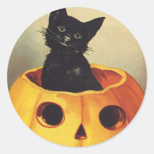 Adesivo Redondo Um Dia das Bruxas Felizes, Gato Preto Vintage