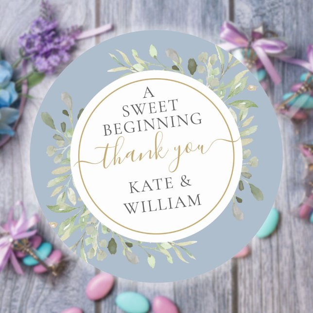 Adesivo Redondo Um doce Casamento de Dusty Blue Greenery (A Sweet Beginning Dusty Blue Greenery Wedding Classic Round Sticker)