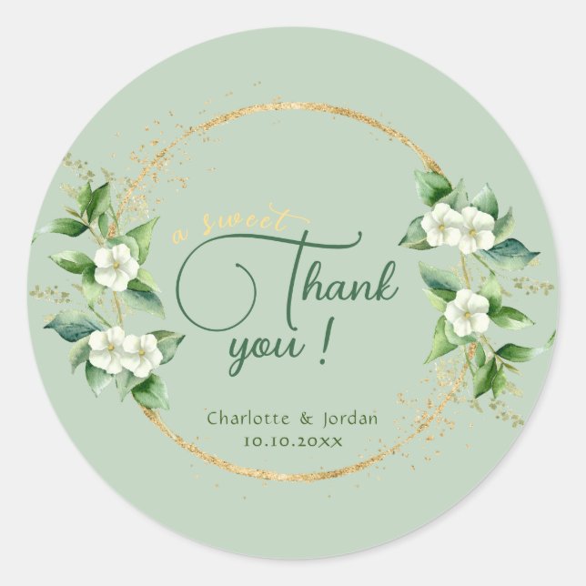 Adesivo Redondo Um doce obrigado Dourado Casamento Eucalyptus