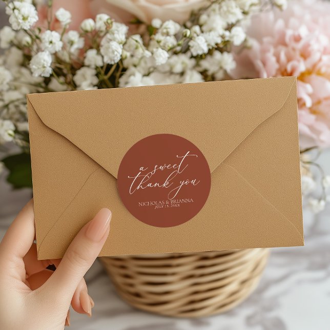 Adesivo Redondo Um doce obrigado Terracotta queimou casamentos lar (Criador carregado)