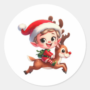 Adesivo Redondo Um Elfo de Natal bonito a dar uma volta a Rudolph