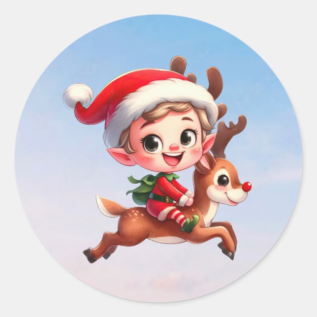 Adesivo Redondo Um Elfo de Natal bonito a dar uma volta a Rudolph (Frente)