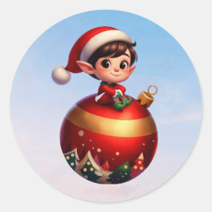 Adesivo Redondo Um Elfo de Natal giro sentado num ornamento gigant