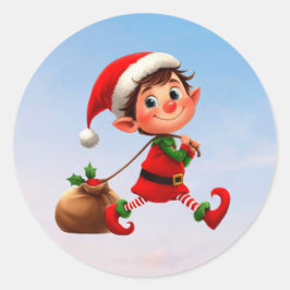 Adesivo Redondo Um feliz Elfo de Natal puxando um saco de brinqued