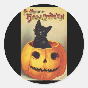 Adesivo Redondo Um Feliz Halloween por Ellen Clapsaddle, Gato Anti