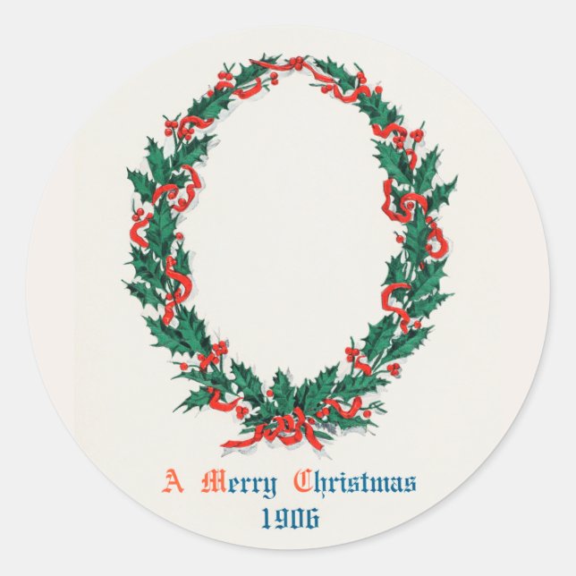 Adesivo Redondo Um Feliz Natal Holly Wreath (1906) Feriado (Frente)