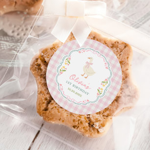 Adesivo Redondo Um Ganso Bobo Arco Rosa Menina 1º Aniversário