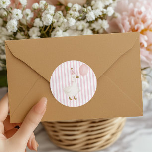 Adesivo Redondo Um Ganso Tolo Rosa Aniversário de 1 Ano Meninas