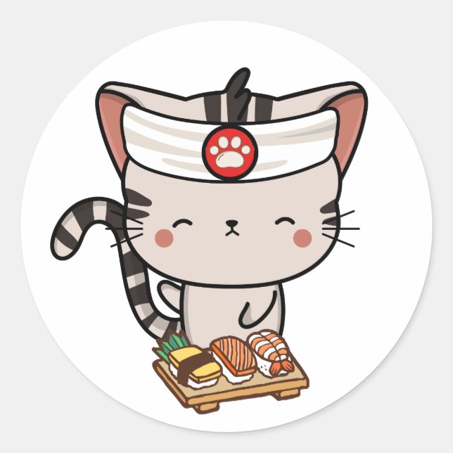 Adesivo Redondo Um gato de mesa engraçado é um chef de sushi (Frente)
