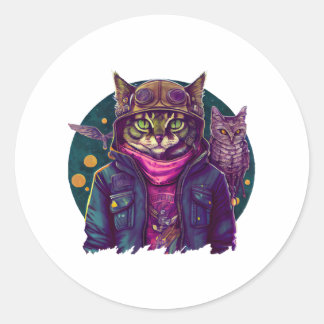 Adesivo Redondo Um Gato E Uma Coruja