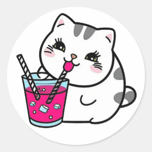 Adesivo Redondo Um gato giro bebe uma palha
